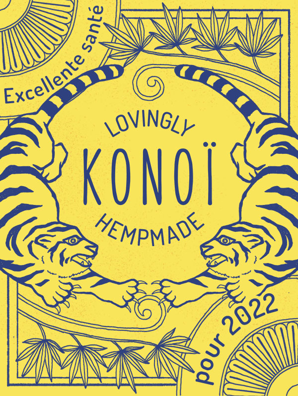 Promotional New Year card with nature-inspired illustrations for organic certified hemp food brand KONOÏ, flexible for both traditional and digital.