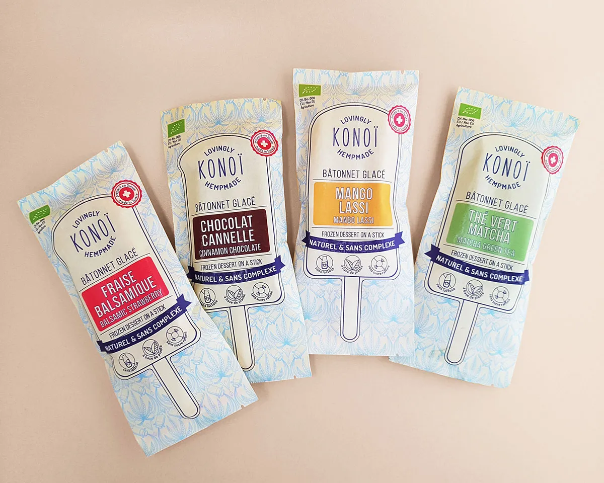 Packaging design for natural and premium ice lollies, with simple and elegant line drawings that visually convey the fresh and healthy deliciousness of the products.